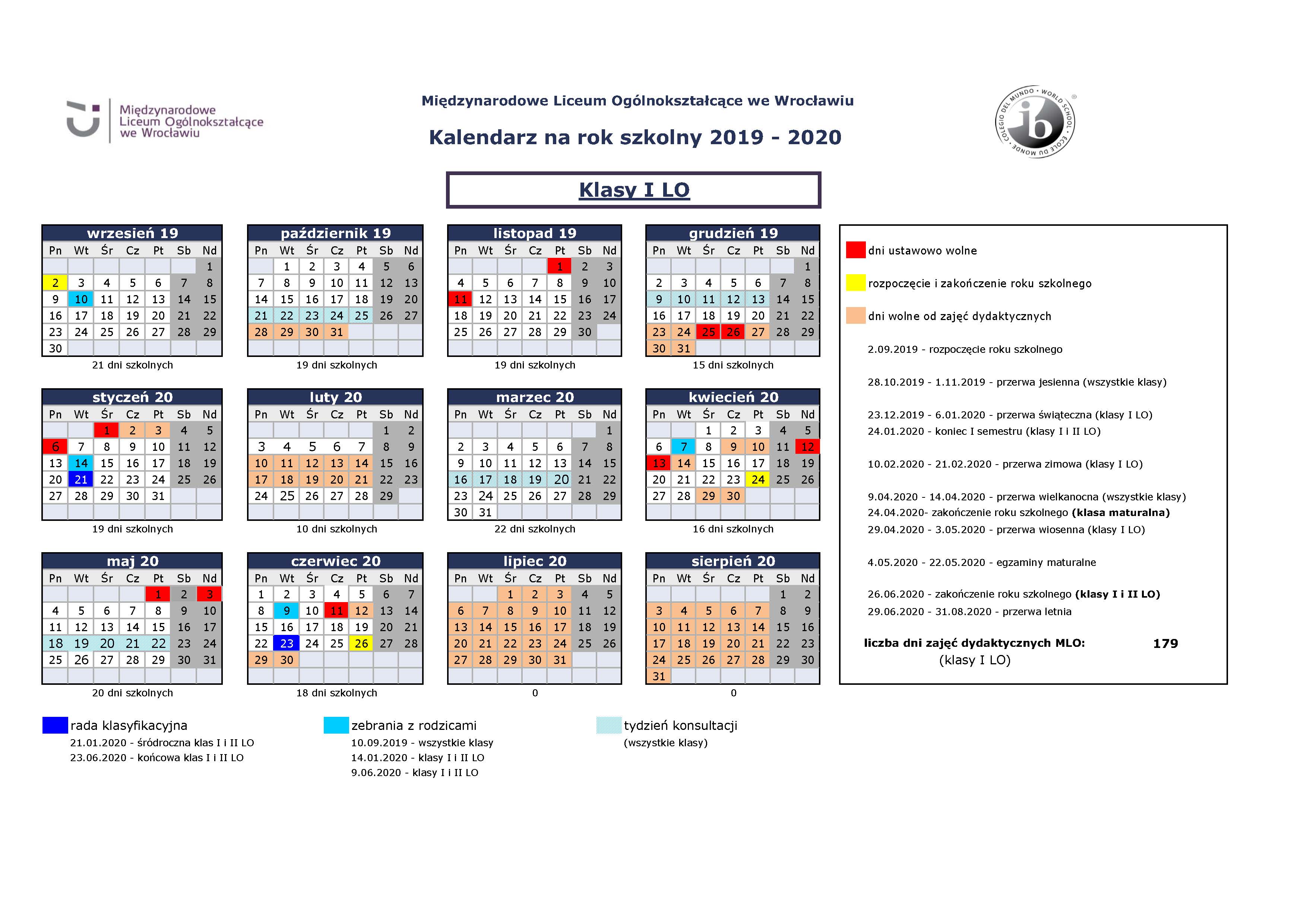 Kalendarz MLO 2019-2020 dla rodziców I klas