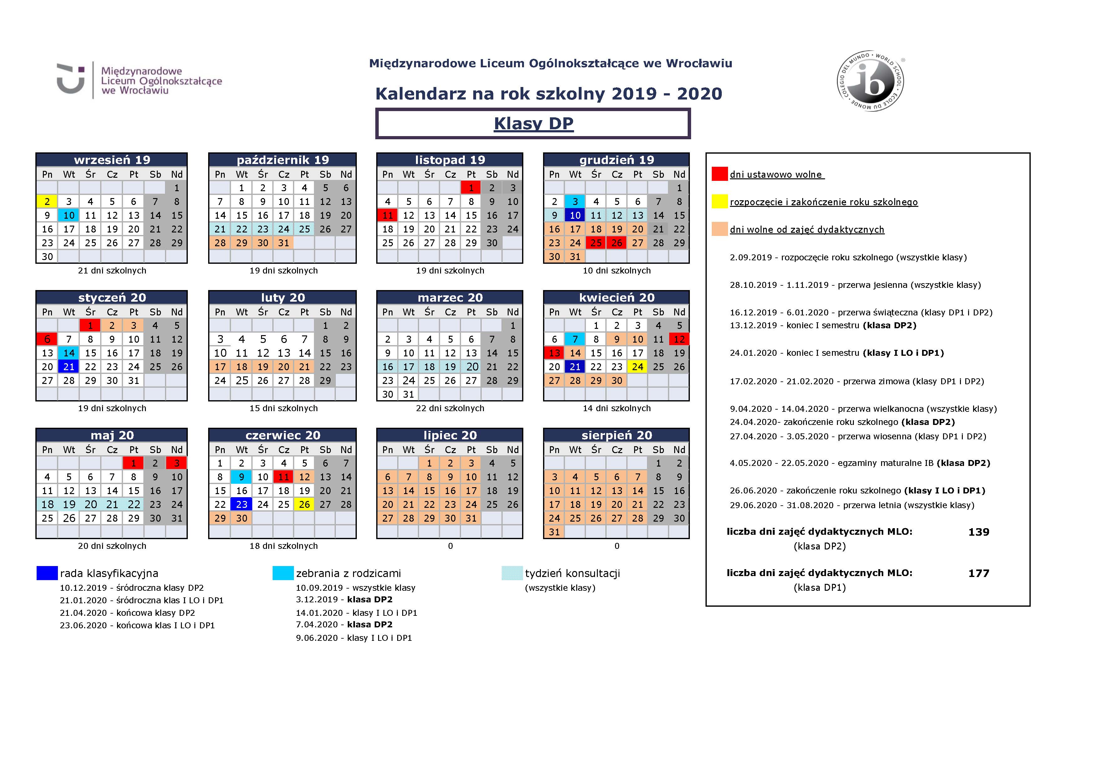 Kalendarz MLO 2019-2020 dla rodziców klas DP