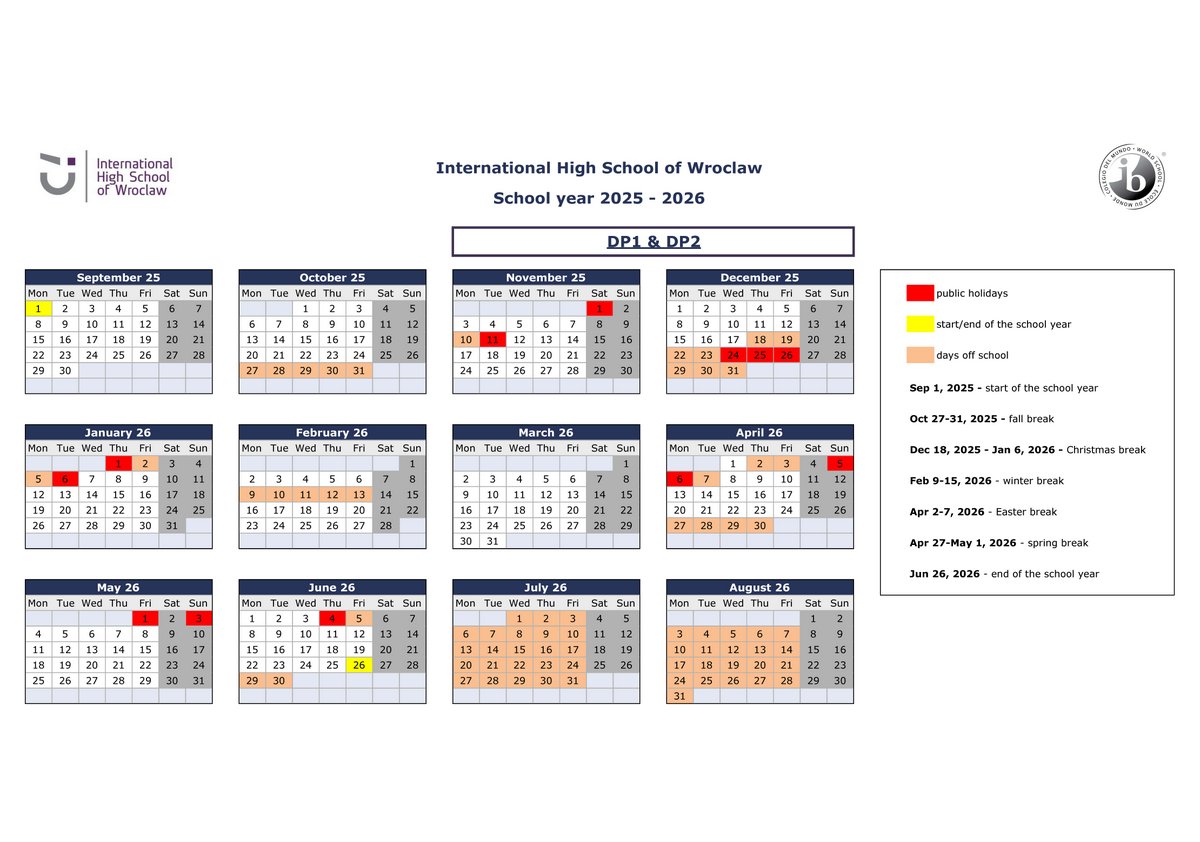 IHSW school year calendar 2025-2026 DP1-2