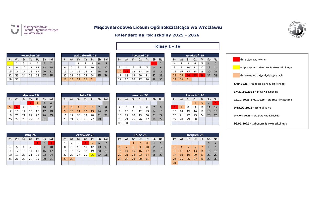 MLO Kalendarz 2025-2026 dla klas I-IV